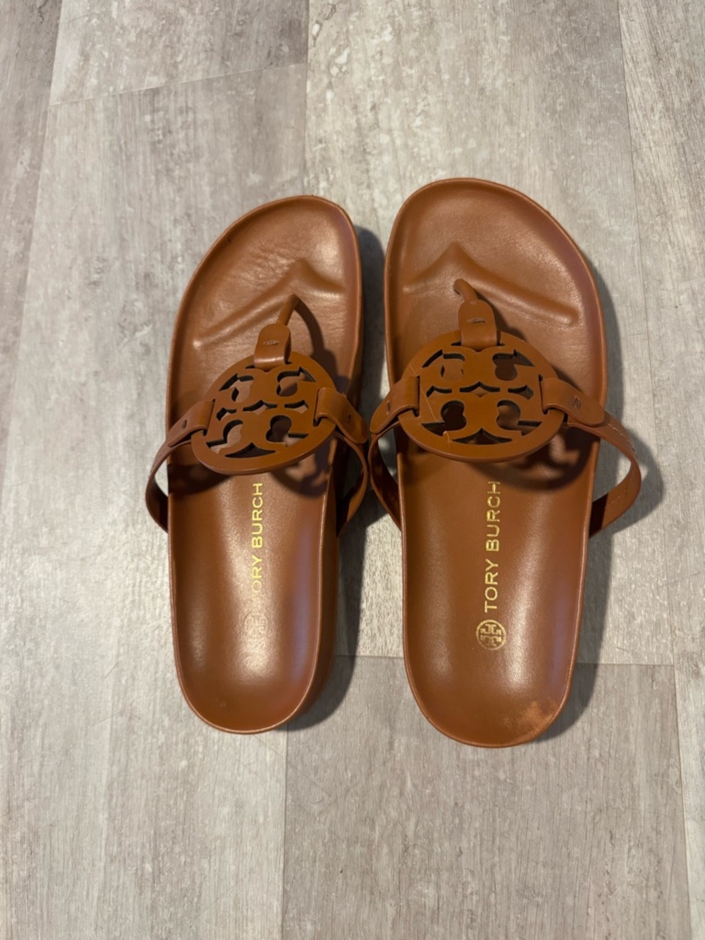 Tory Burch Cognac Leather Logo Slide Sandals
